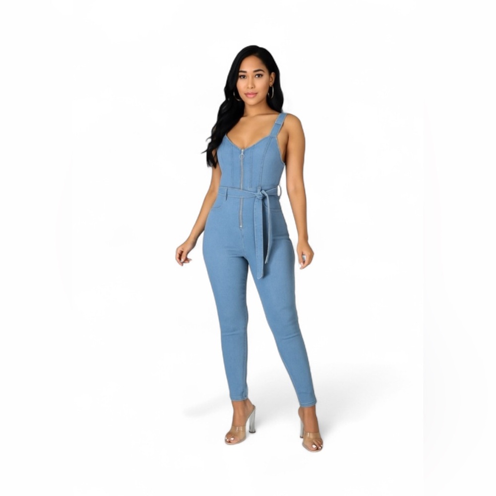 IRIS Basic Womens Denim Jumpsuit Blue Size M Belted Casual One Piece